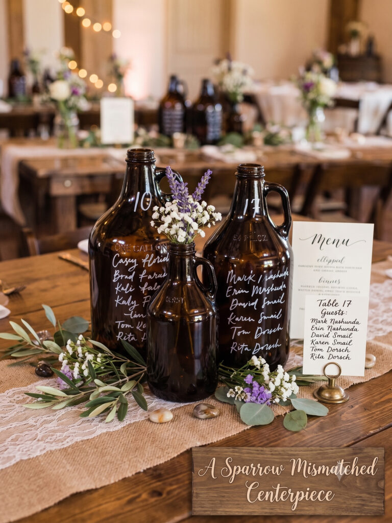 image of sparrow mismatched amber growlers set as wedding centerpieces