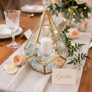 image of opalite mini geometric lantern rental styled on a wedding table