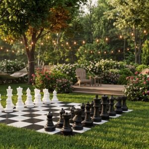 black and white chess board on grass