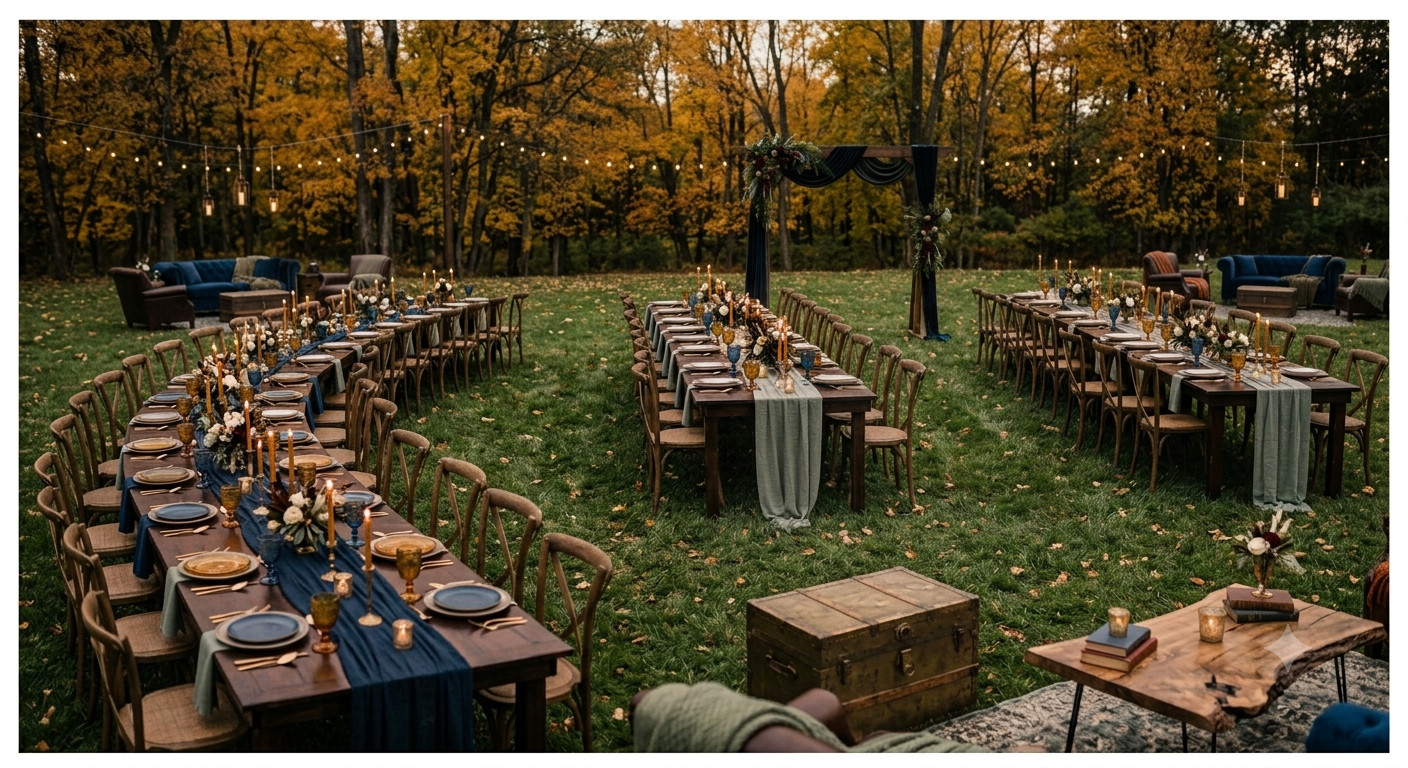 image of crossback chairs and farmhouse tables set in an outdoor autumn field