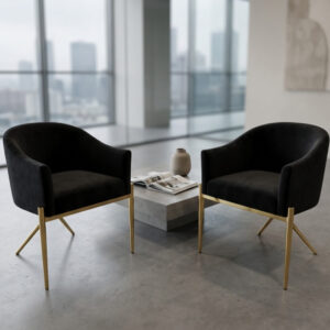 AI generated photo of two black velvet chairs with gold trim and legs in a corporate setting.