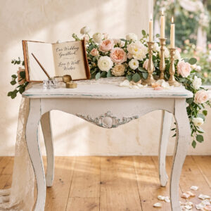 short all white table with design on the front